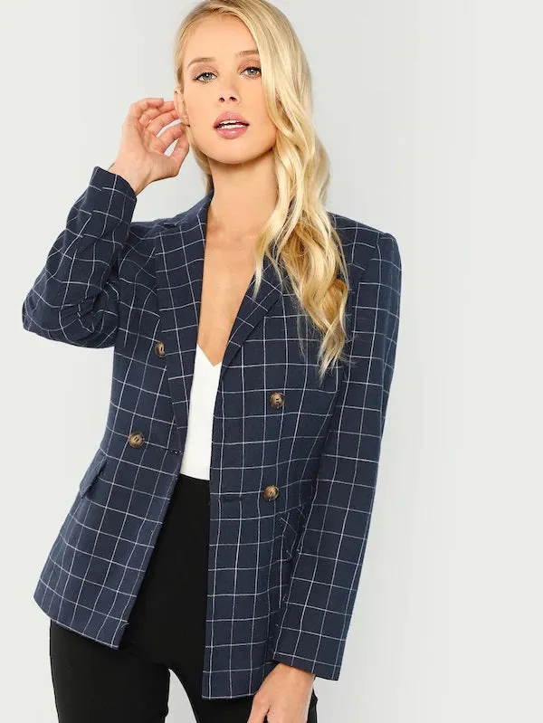 CM-CS813702 Women Elegant Seoul Style Double Breasted Notched Neck Plaid Blazer - Navy Blue