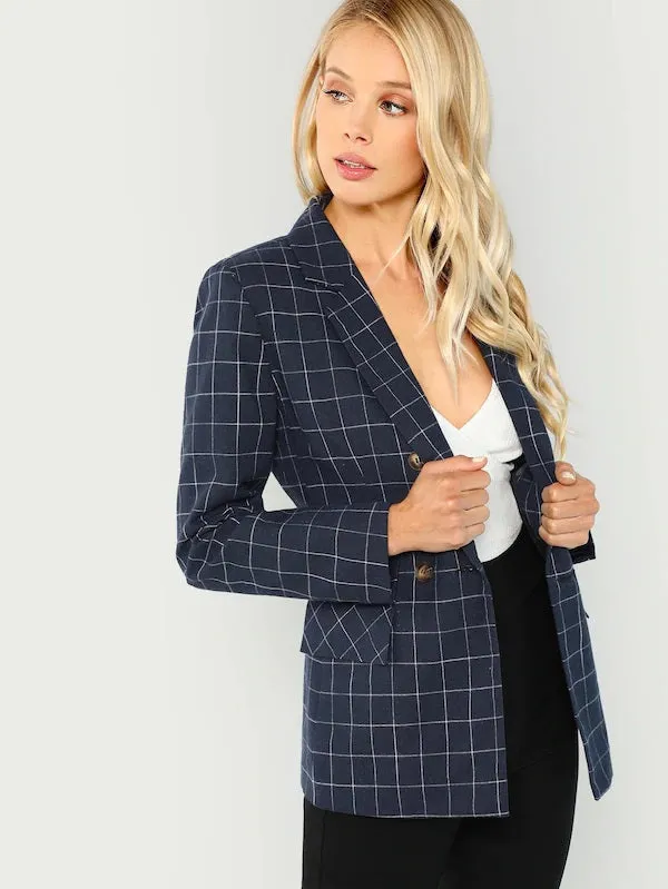 CM-CS813702 Women Elegant Seoul Style Double Breasted Notched Neck Plaid Blazer - Navy Blue