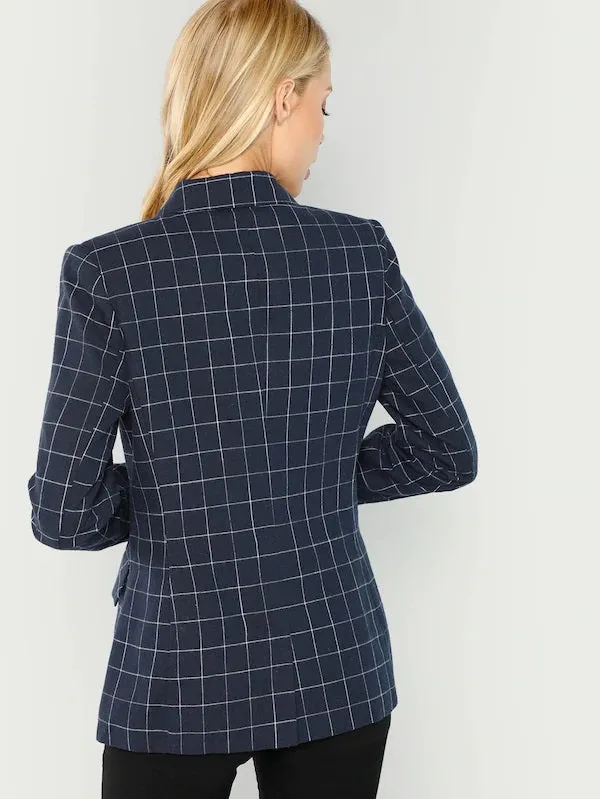 CM-CS813702 Women Elegant Seoul Style Double Breasted Notched Neck Plaid Blazer - Navy Blue