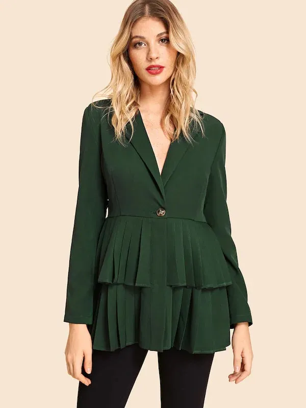 CM-CS904725 Women Elegant European Style Tiered Pleated Hem Belted Blazer - Green