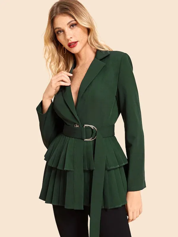 CM-CS904725 Women Elegant European Style Tiered Pleated Hem Belted Blazer - Green