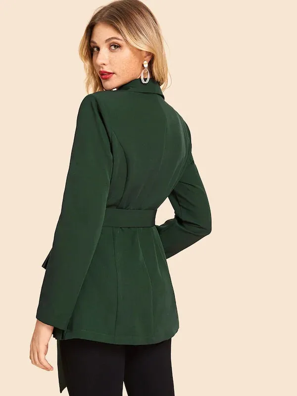 CM-CS904725 Women Elegant European Style Tiered Pleated Hem Belted Blazer - Green