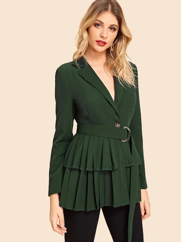 CM-CS904725 Women Elegant European Style Tiered Pleated Hem Belted Blazer - Green