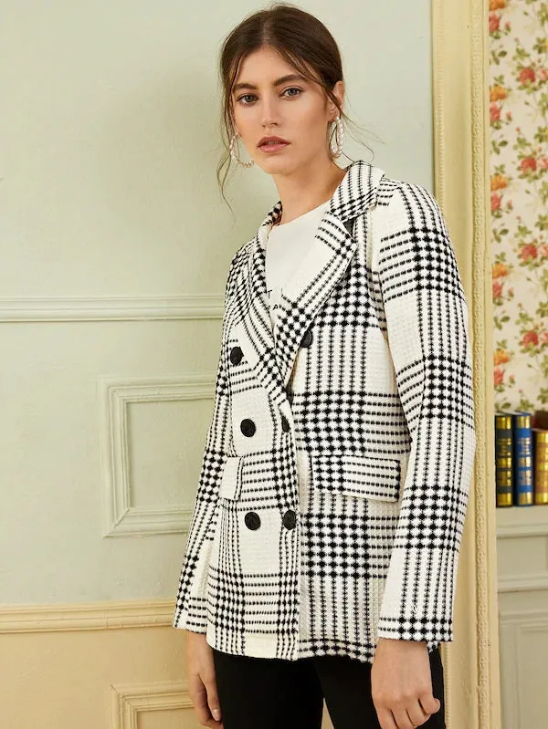 CM-CS909387 Women Elegant Seoul Style Long Sleeve Double Breasted Plaid Lapel Collar Blazer - White
