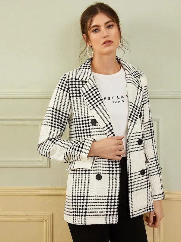 CM-CS909387 Women Elegant Seoul Style Long Sleeve Double Breasted Plaid Lapel Collar Blazer - White
