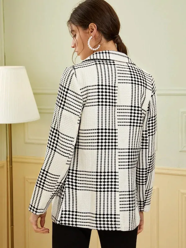 CM-CS909387 Women Elegant Seoul Style Long Sleeve Double Breasted Plaid Lapel Collar Blazer - White