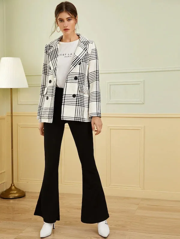 CM-CS909387 Women Elegant Seoul Style Long Sleeve Double Breasted Plaid Lapel Collar Blazer - White