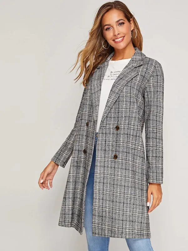 CM-CS909864 Women Casual Seoul Style Long Sleeve Notch Collar Double Breasted Plaid Coat - Gray
