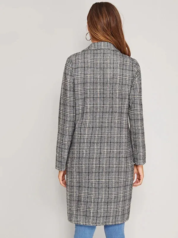 CM-CS909864 Women Casual Seoul Style Long Sleeve Notch Collar Double Breasted Plaid Coat - Gray