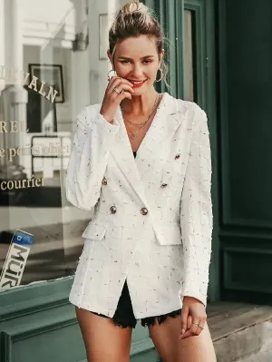 CM-CS917485 Women Elegant Seoul Style Notched Collar Buttoned Appliques Blazer - White