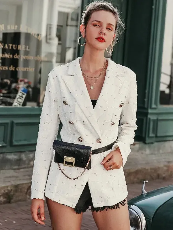 CM-CS917485 Women Elegant Seoul Style Notched Collar Buttoned Appliques Blazer - White