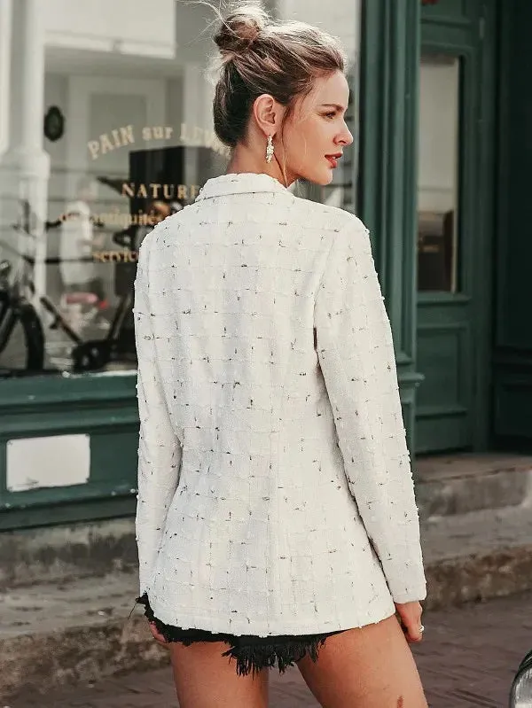 CM-CS917485 Women Elegant Seoul Style Notched Collar Buttoned Appliques Blazer - White
