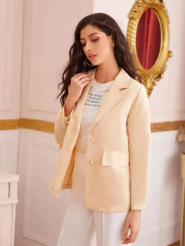 CM-CS919608 Women Casual Seoul Style Long Sleeve Pearls Button Fake Flap Pockets Blazer - Beige