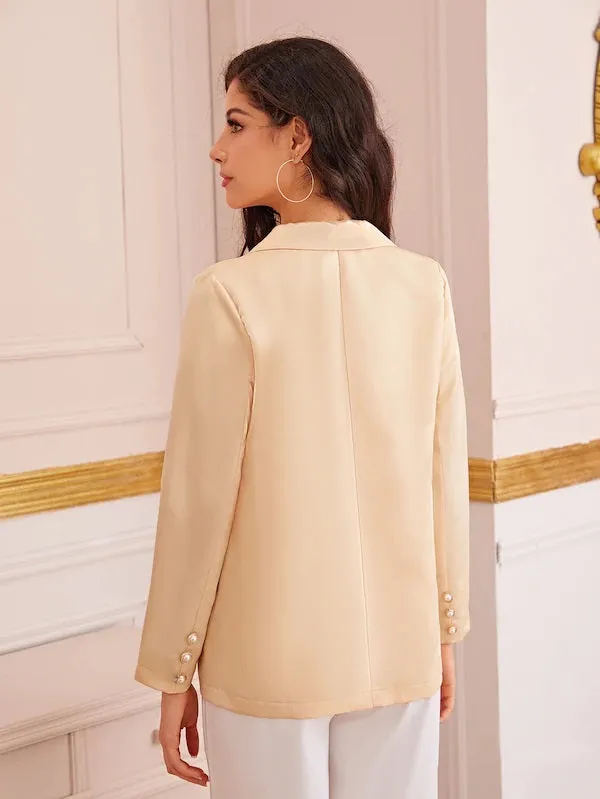 CM-CS919608 Women Casual Seoul Style Long Sleeve Pearls Button Fake Flap Pockets Blazer - Beige