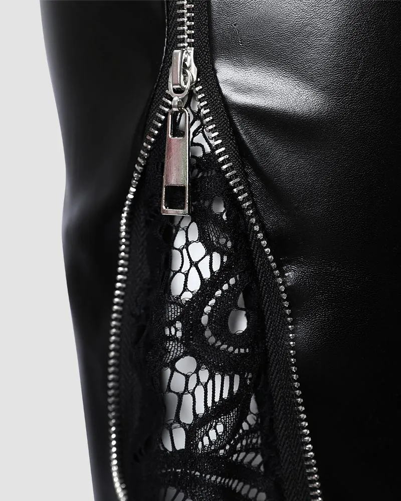 Contrast Lace Zipper Detail Belted PU Leather Skirt