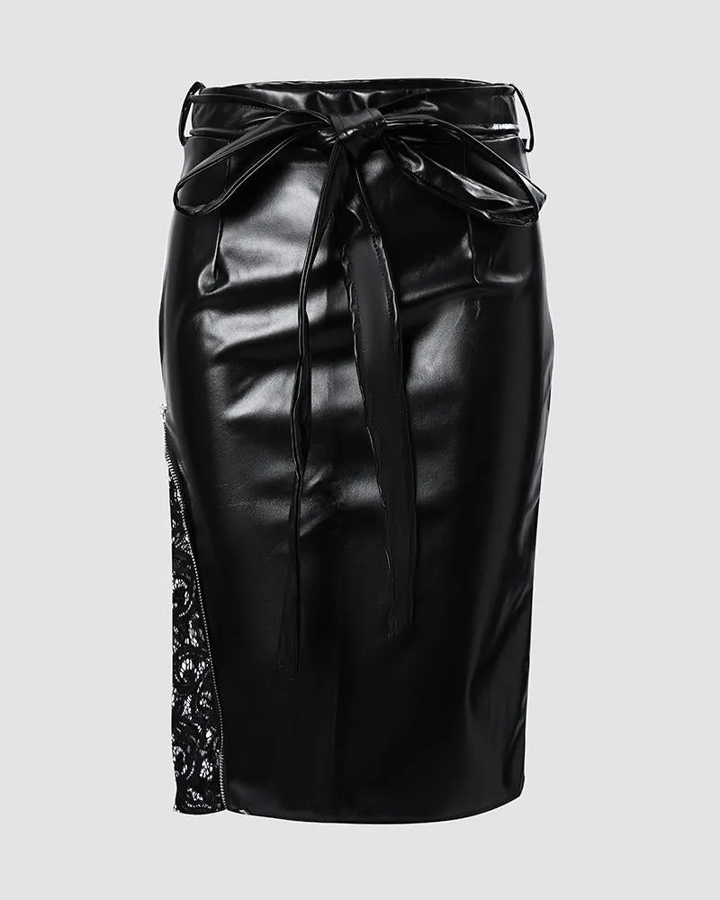 Contrast Lace Zipper Detail Belted PU Leather Skirt