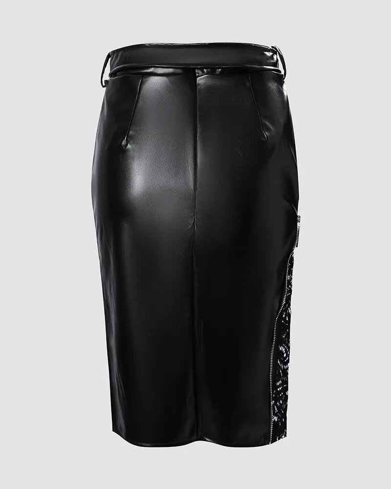 Contrast Lace Zipper Detail Belted PU Leather Skirt