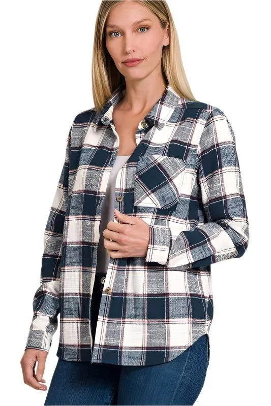 Cotton Plaid Shacket with Front Pocket