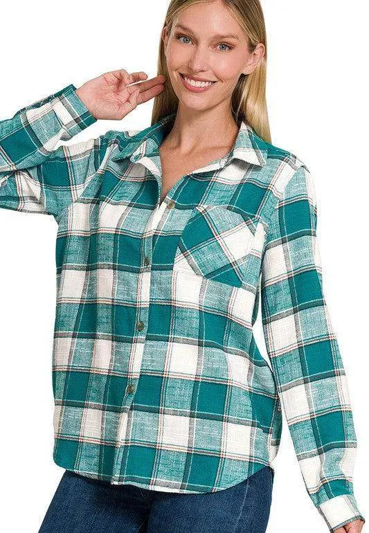 Cotton Plaid Shacket with Front Pocket