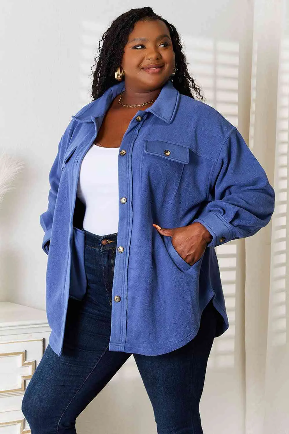 Cozy Girl Full Size Button Down Shacket in Dusty Blue