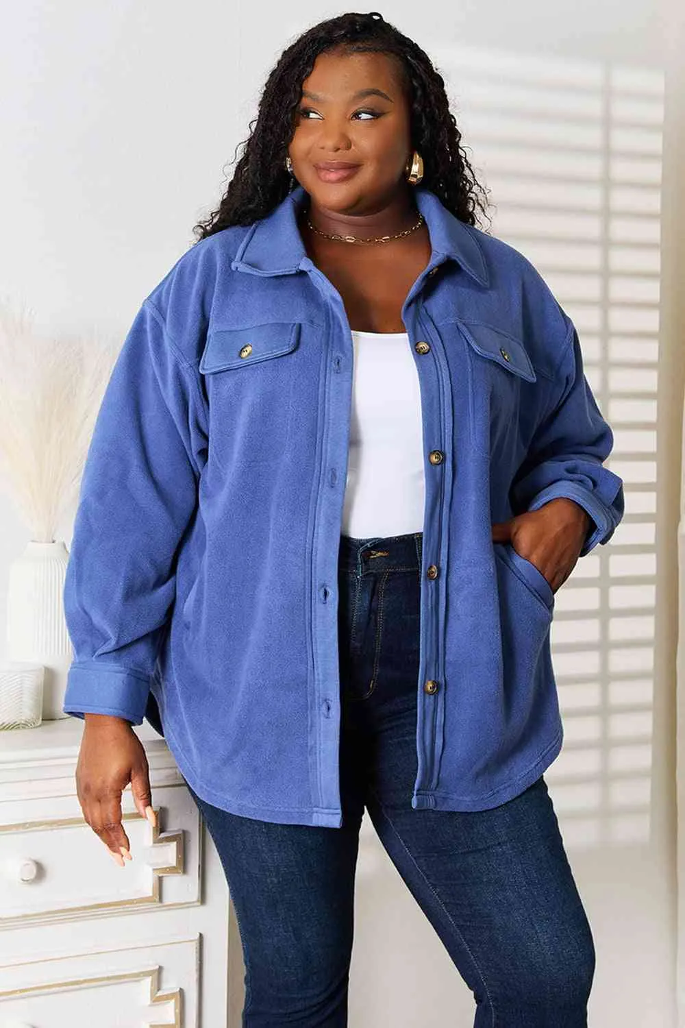 Cozy Girl Full Size Button Down Shacket in Dusty Blue