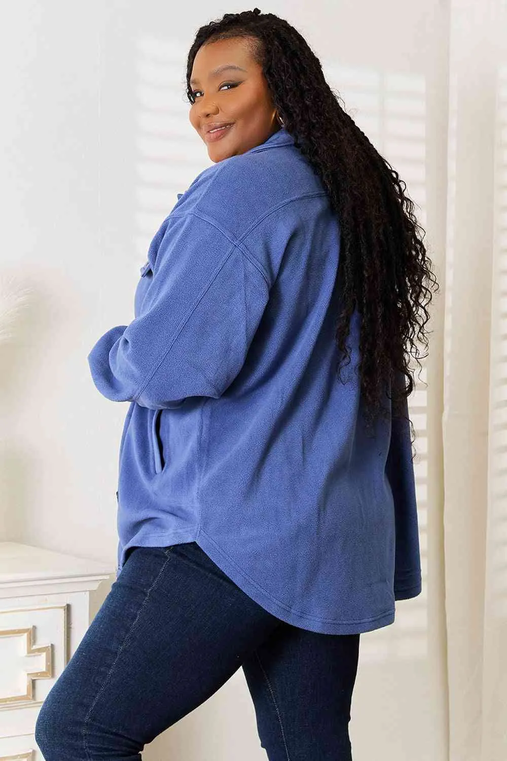 Cozy Girl Full Size Button Down Shacket in Dusty Blue