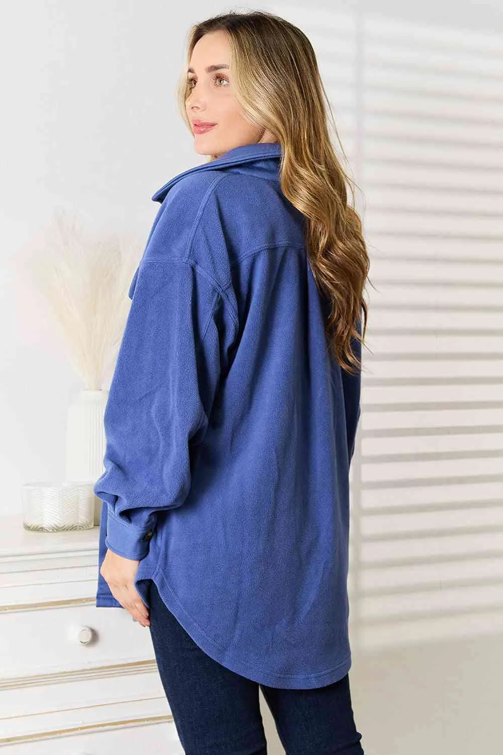 Cozy Girl Full Size Button Down Shacket in Dusty Blue