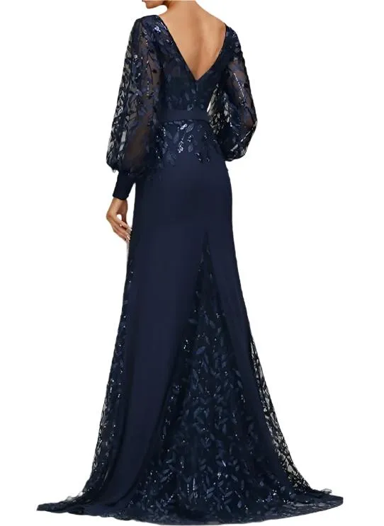 Dark Navy Mermaid Scoop Neck Long Sleeves Mother of The Bride Dresses