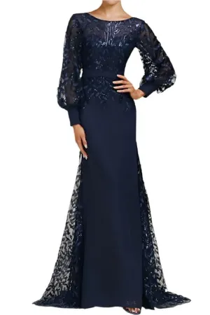 Dark Navy Mermaid Scoop Neck Long Sleeves Mother of The Bride Dresses