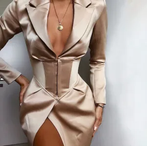 Deep V Neck Long Blazers Coats And Jackets Women Turn-Down Collar Long Sleeve Covered Button Coats Blazers Dresses