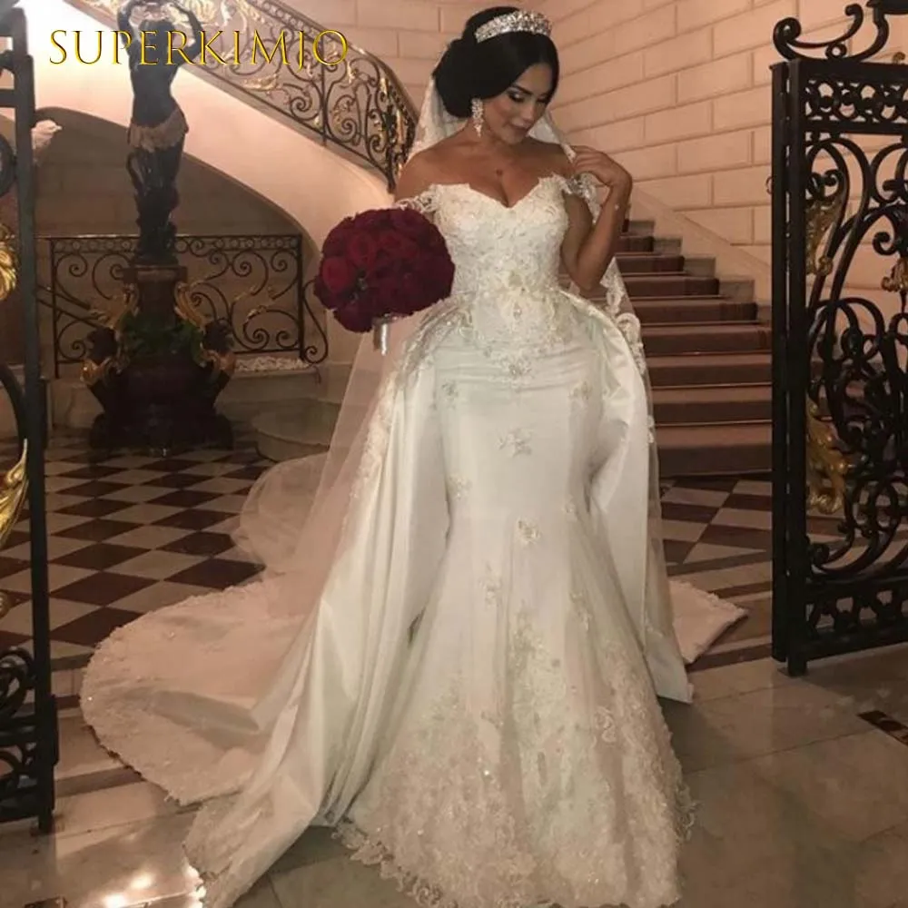 detachable skirt off white wedding dresses for bride lace applique beaded elegant wedding gown