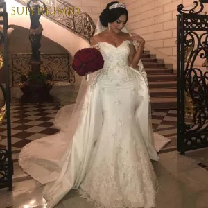 detachable skirt off white wedding dresses for bride lace applique beaded elegant wedding gown
