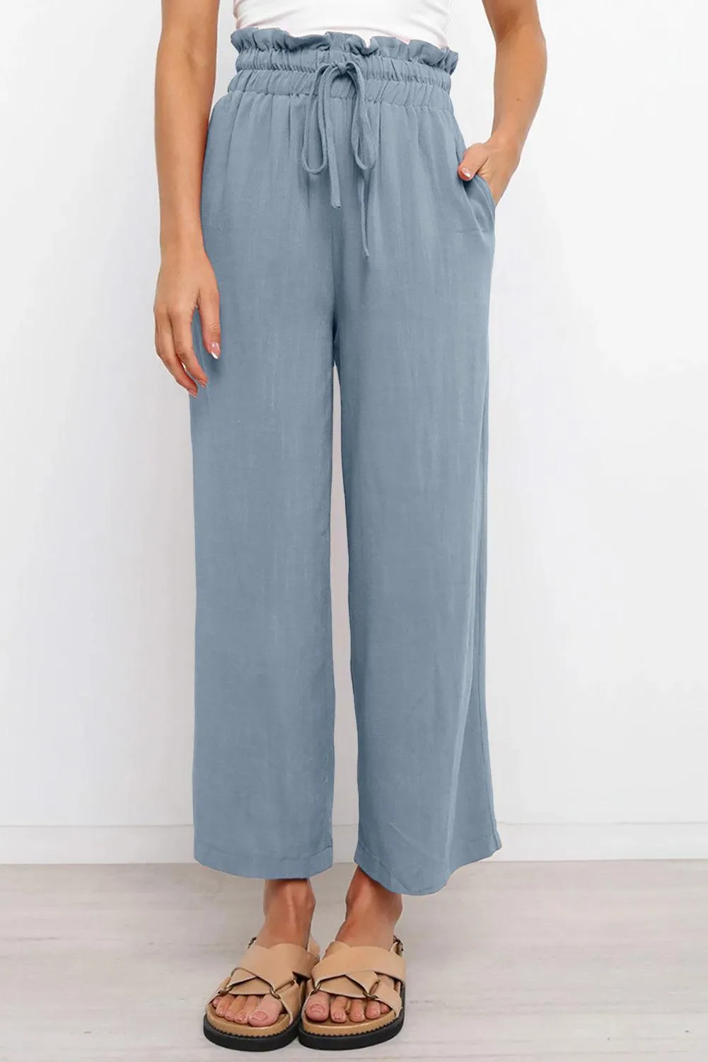 Drawstring Paperbag Waist Women Wide Leg Pants