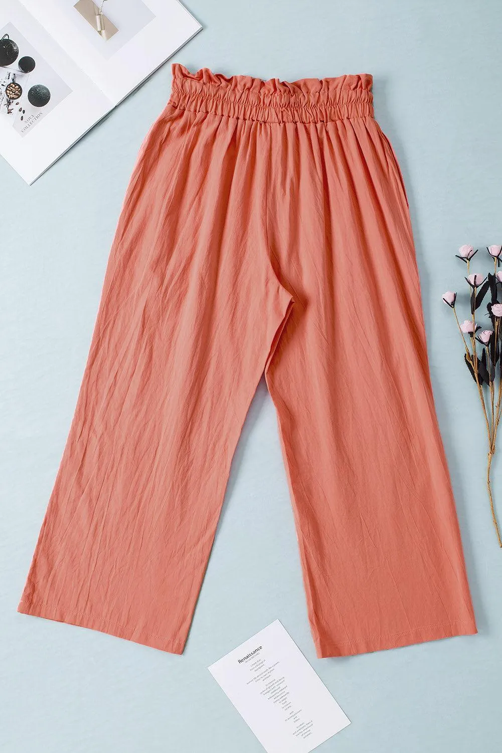 Drawstring Paperbag Waist Women Wide Leg Pants