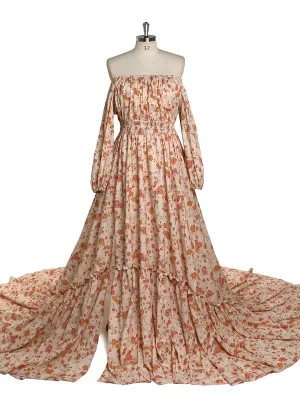 Elegant Off Shoulder Floral Print Cotton Fabric Woman Photography Dress Maternity Photo Shoots Gowns YD21812