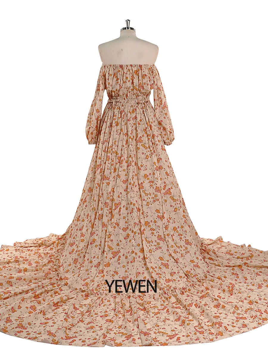 Elegant Off Shoulder Floral Print Cotton Fabric Woman Photography Dress Maternity Photo Shoots Gowns YD21812