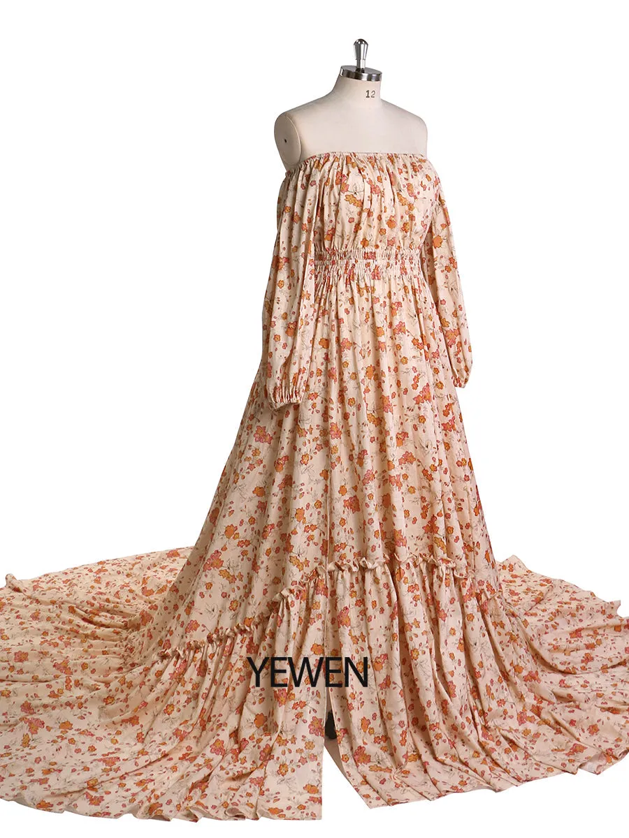 Elegant Off Shoulder Floral Print Cotton Fabric Woman Photography Dress Maternity Photo Shoots Gowns YD21812