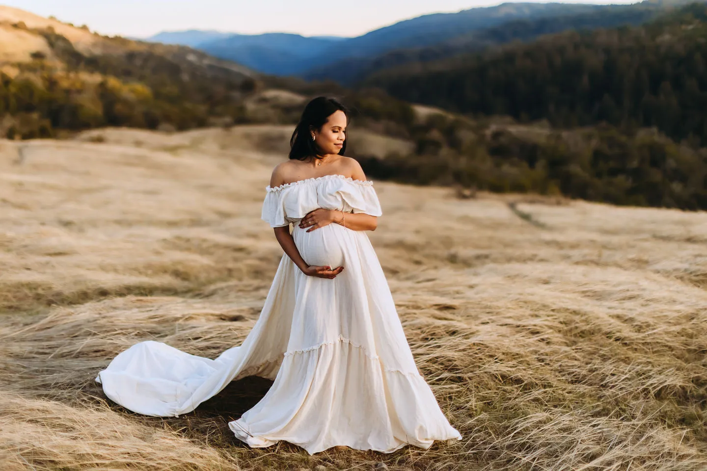 Elegant Off The Shoulder Maternity Dresses for Photo Shoot Adjustable Waist Maternity Gown for Baby Shower Maxi Dress YEWEN YD22107
