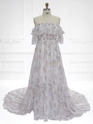 Elegant Printing Chiffon Boho Dress for Photo Shoot Elastic Waist Maxi Dress YD22107-2