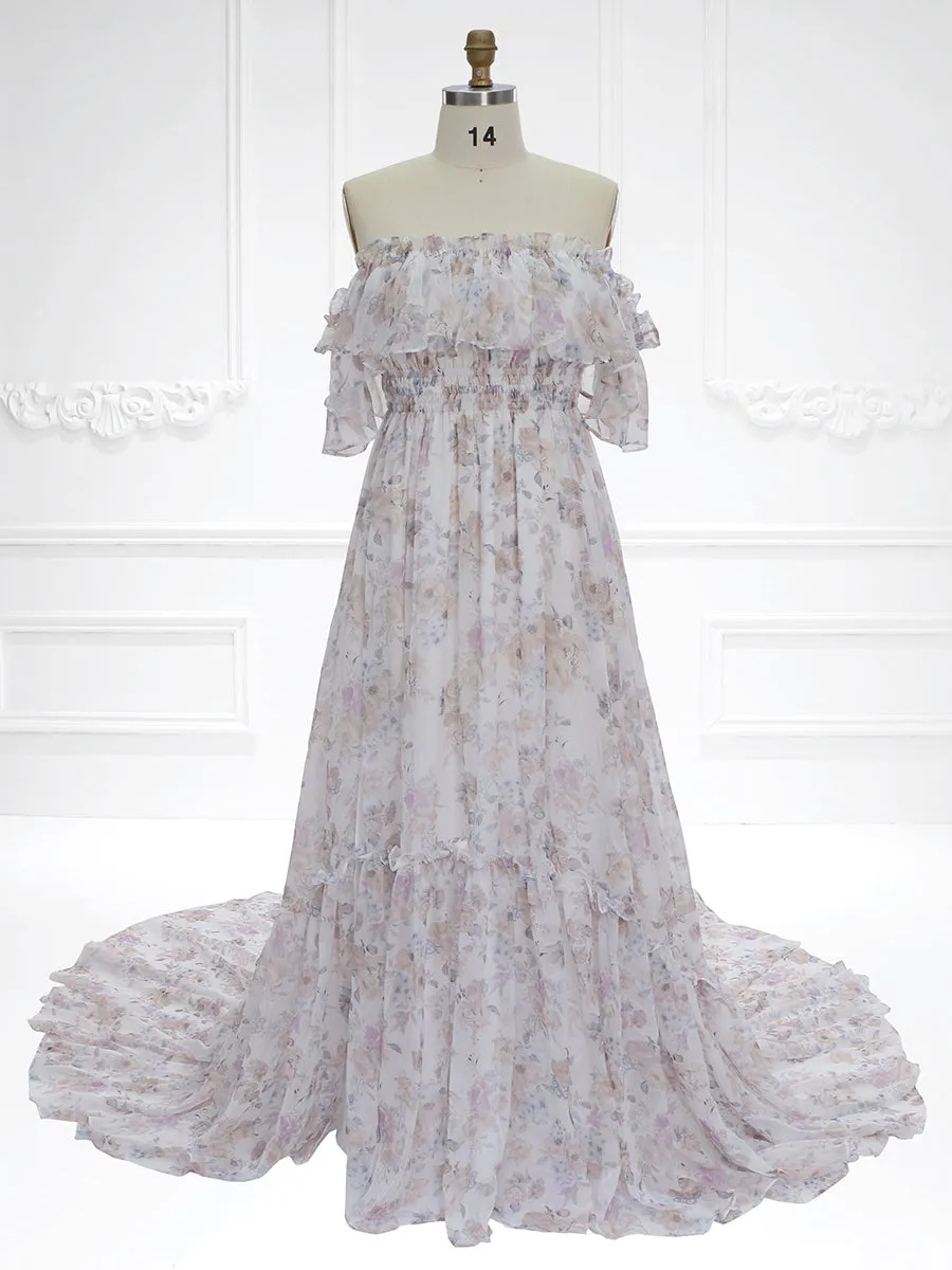 Elegant Printing Chiffon Boho Dress for Photo Shoot Elastic Waist Maxi Dress YD22107-2