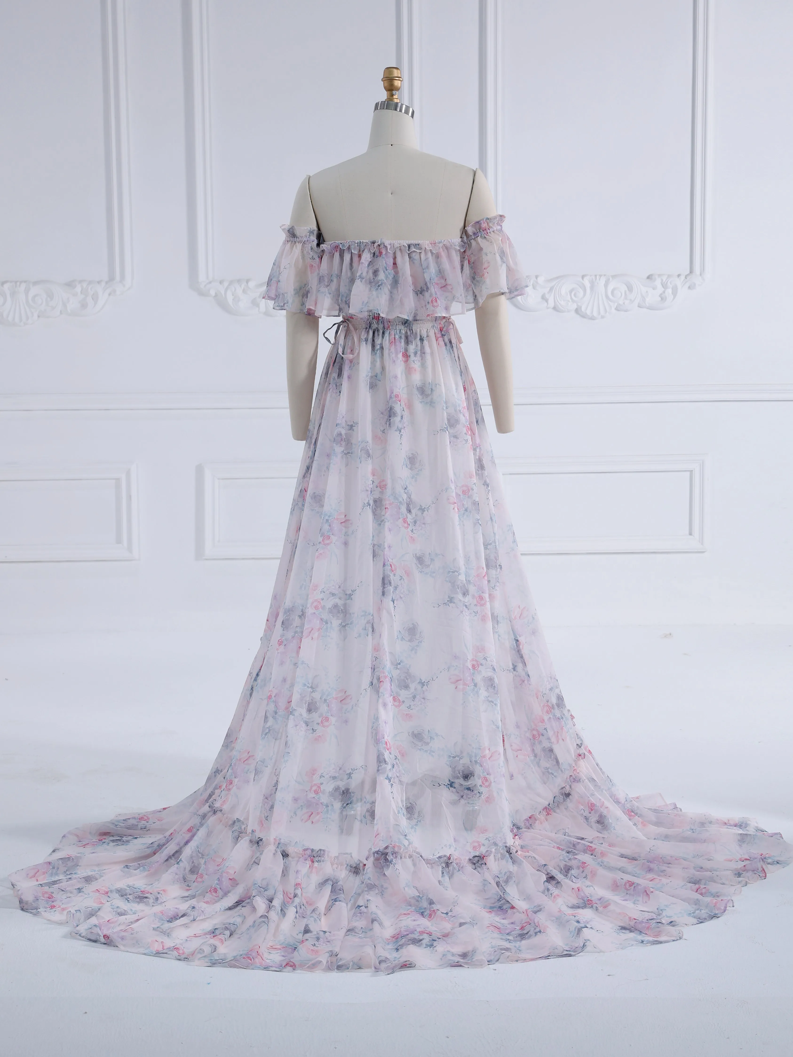 Elegant Printing Chiffon Boho Dress for Photo Shoot Elastic Waist Maxi Dress YD22107-2