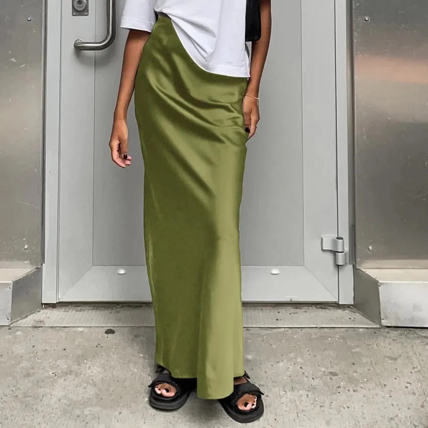 Elegant Satin Black Trumpet Skirts Boutique Fashion High Waist Skirts for Women Office Long Skirt All Seasons