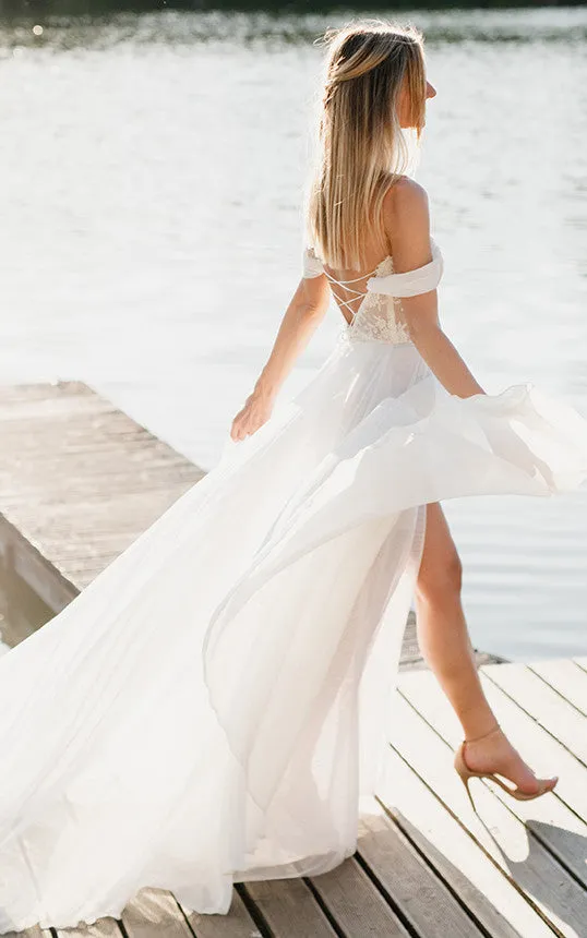 Elegant Sexy Two Piece Off-the-Shoulder Corset Maxi Wedding Dress with Appliques