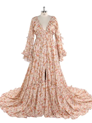 Elegant V Neck Floral Print Woman Maxi Dress Boho Beach Maternity Gown Fancy Photography Props YEWEN