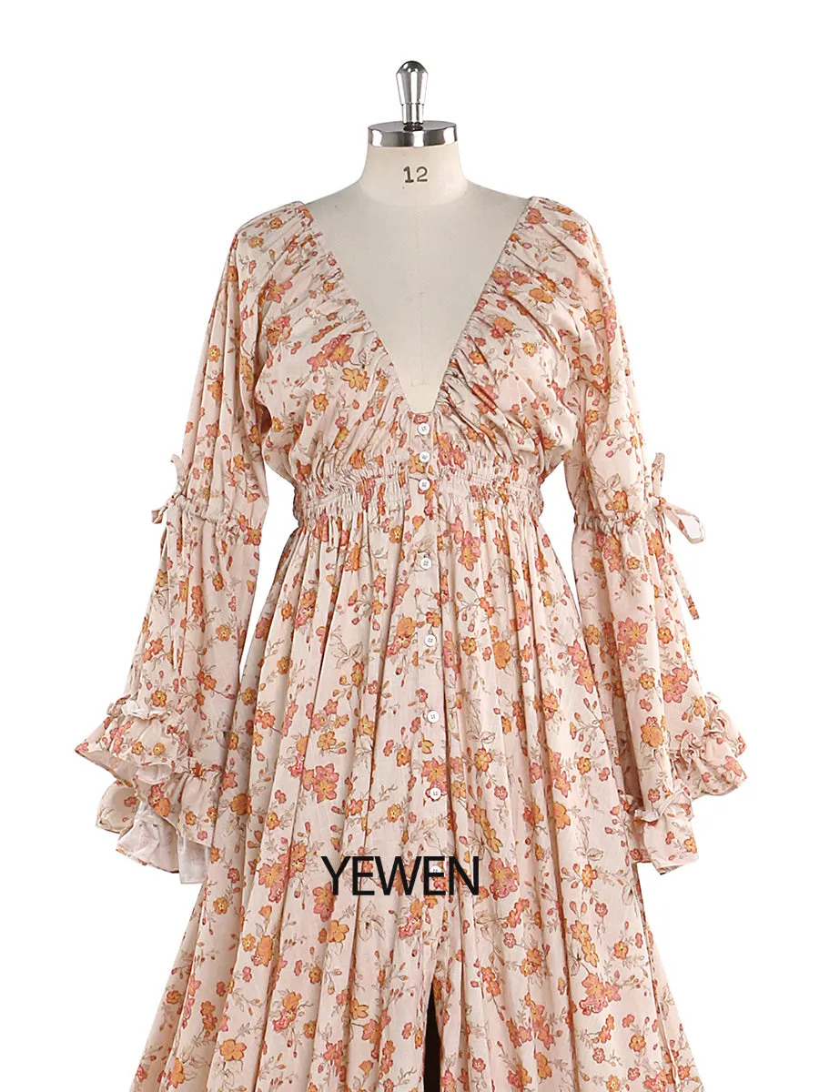 Elegant V Neck Floral Print Woman Maxi Dress Boho Beach Maternity Gown Fancy Photography Props YEWEN