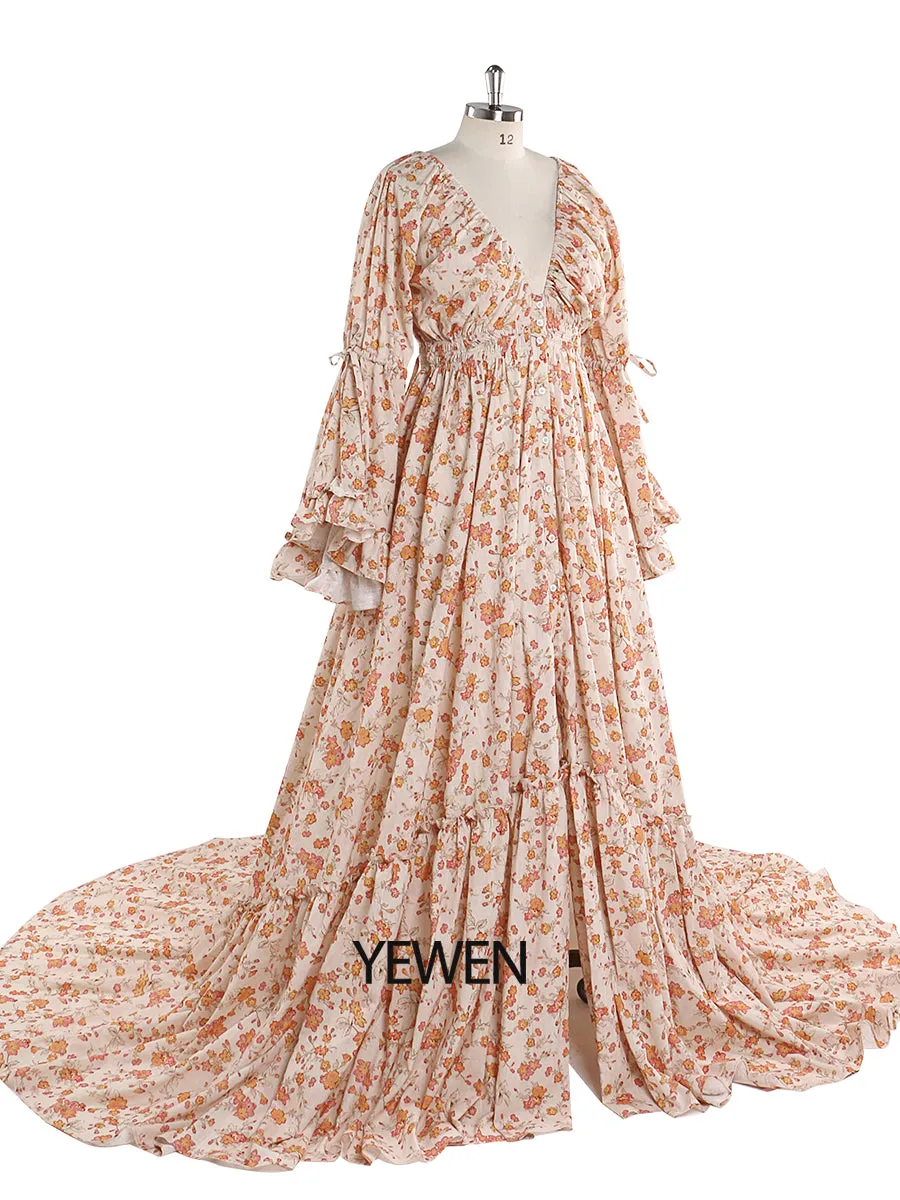 Elegant V Neck Floral Print Woman Maxi Dress Boho Beach Maternity Gown Fancy Photography Props YEWEN