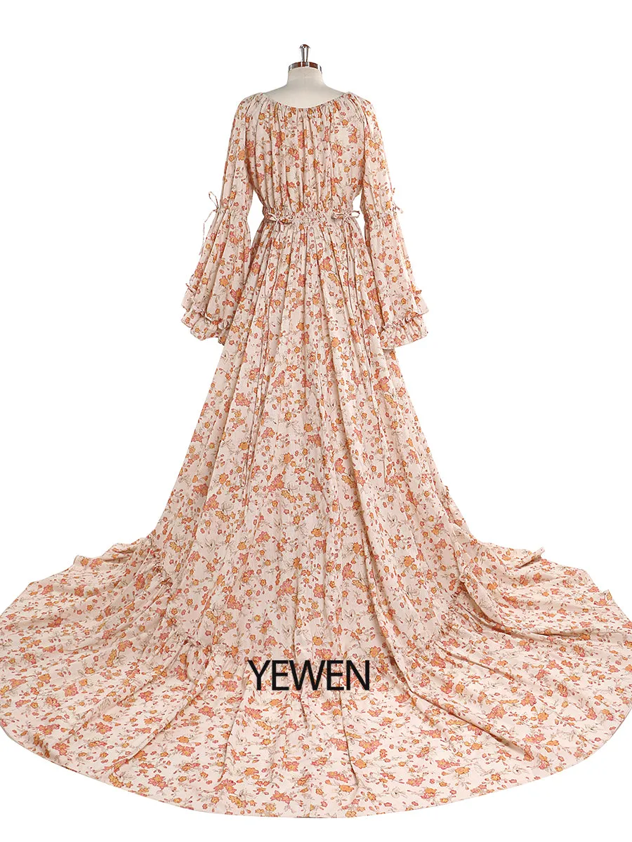 Elegant V Neck Floral Print Woman Maxi Dress Boho Beach Maternity Gown Fancy Photography Props YEWEN