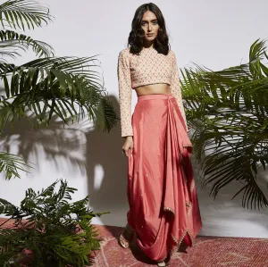 Embroidered Crop top with Pink Draped Skirt - Ready to Ship