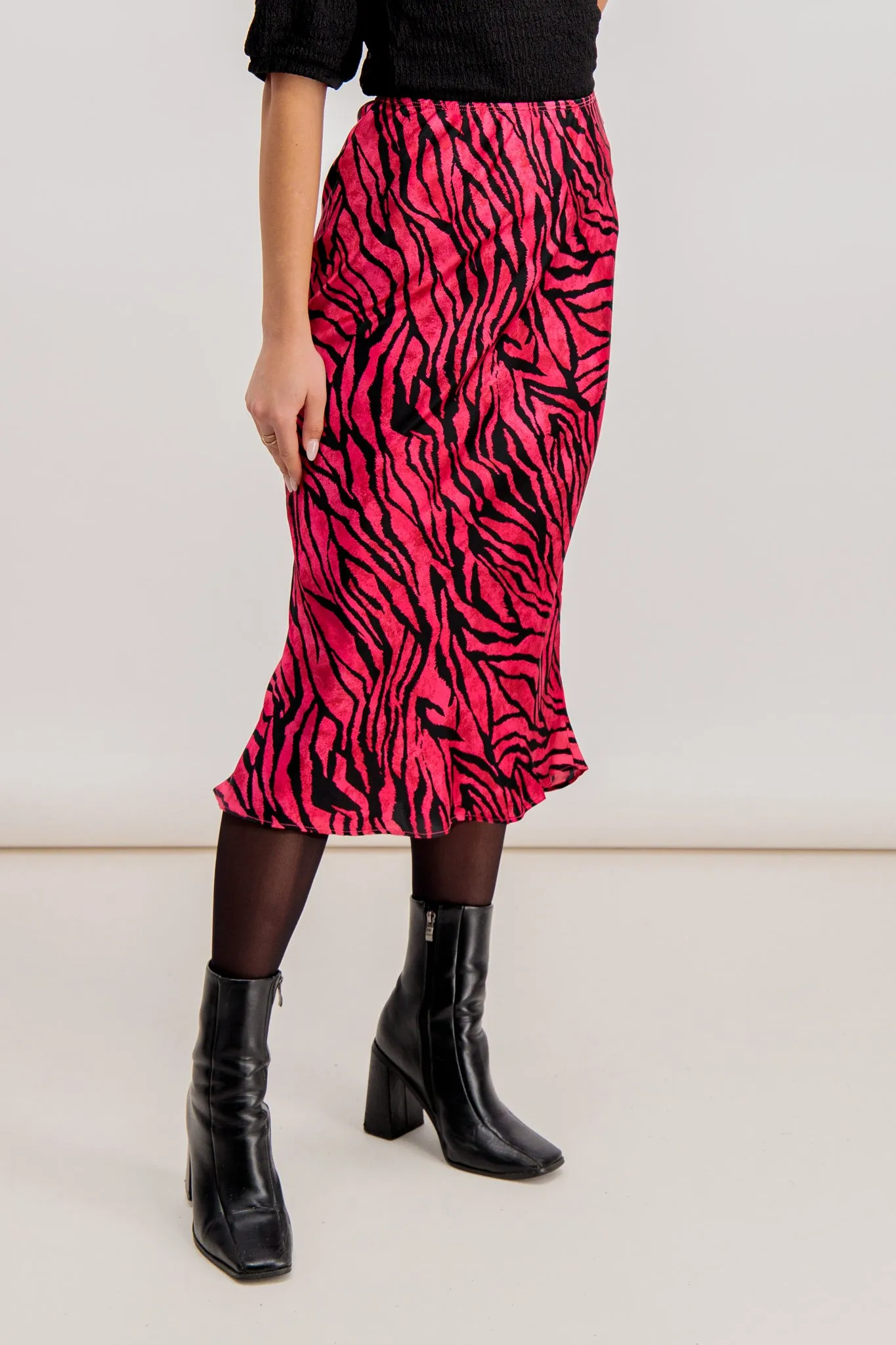 Emily & Me Lana Pink Sateen Zebra Print Midi Skirt