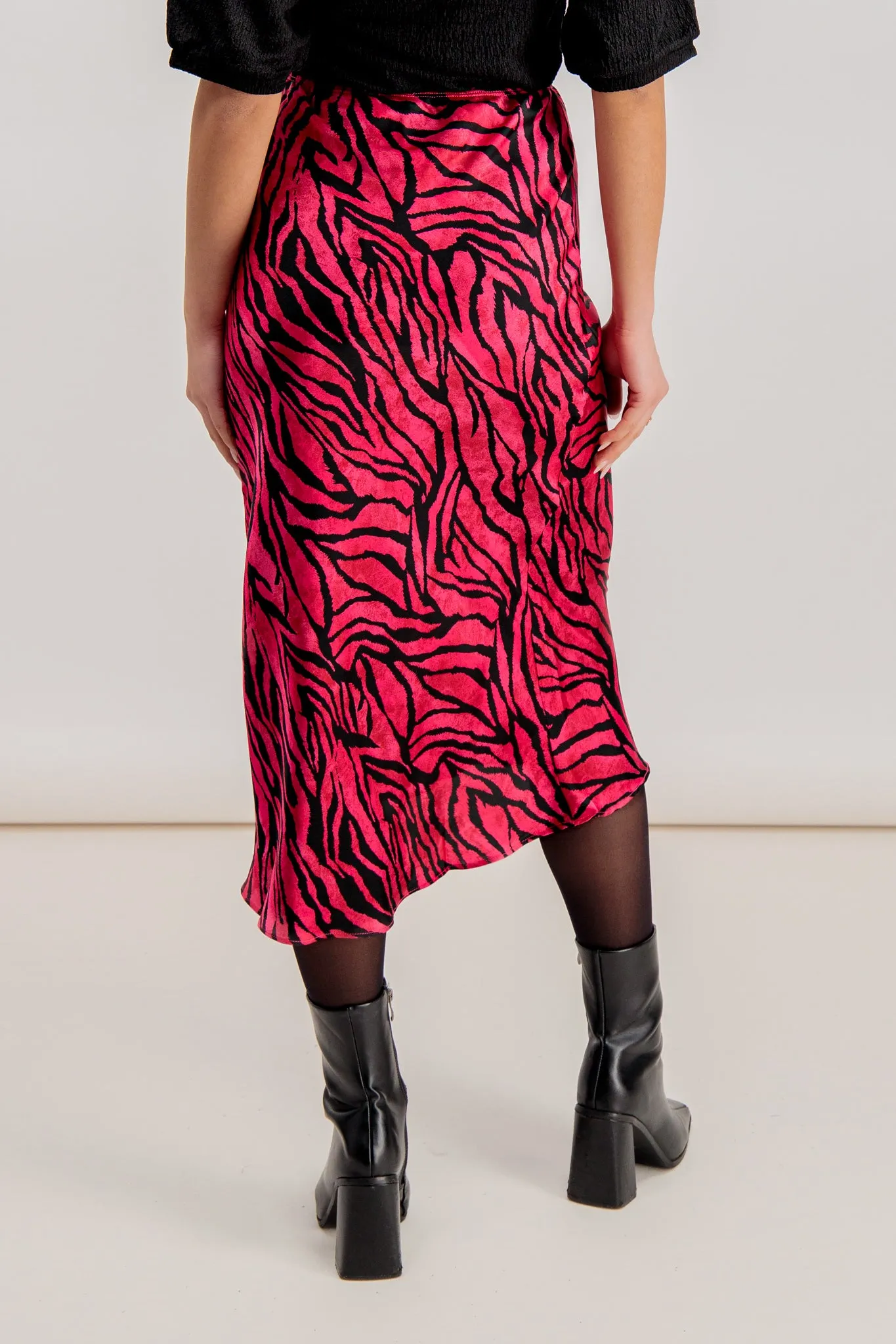 Emily & Me Lana Pink Sateen Zebra Print Midi Skirt